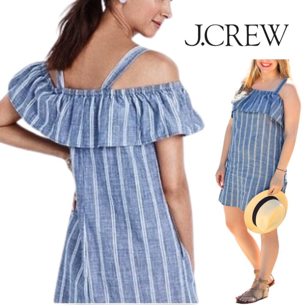 NWT, J. Crew Factory, Striped Chambray Ruffle-neck Cold Shoulder Dress,‎ Blue